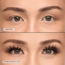 Before and after of a model wearing Midnight Luxe lashes.