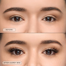 Before and after of a model wearing Audrey Mini lashes. 