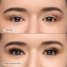 Before and after of a model wearing Boudoir Mini lashes. 