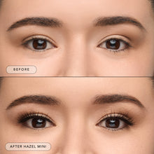 Before and after a model wearing Hazel Mini lashes.