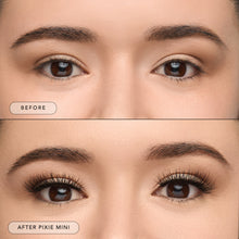 Before and after of a model wearing Pixie Mini lashes.
