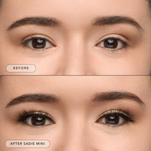 Before and after of a model wearing Sadie Mini lashes.