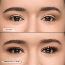 Before and after of a model wearing Wing It Mini lashes. 