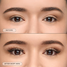 Before and after of a model wearing Wispy Mini lashes. 