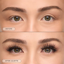 Before and after of a model wearing Juliette lashes, 