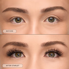 Before and after of a model wearing Starlet lashes. 