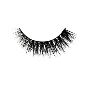 A mini flared lash with full volume and short length, featuring a dense base, tapered ends, and a subtle cat-eye flare. 