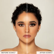 Before and after of a model wearing Iconic false eyelashes.